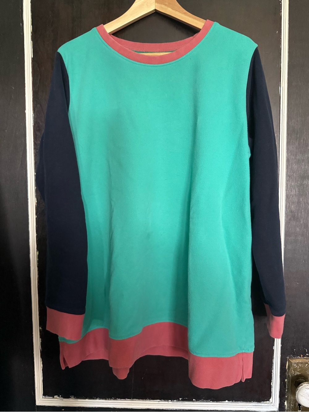 Lands’ End Colorblock Long Sleeve Tunic Sweatshirt - Teal, Navy & Coral Pink 1X